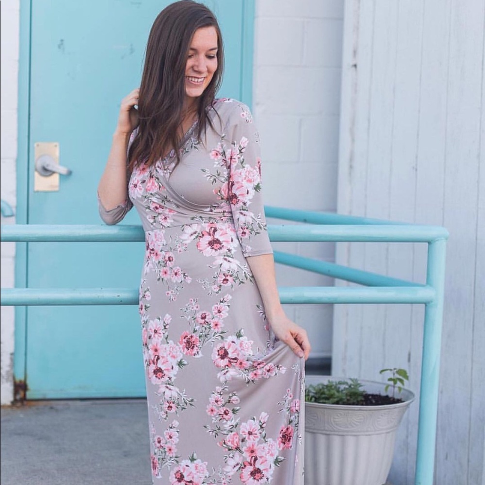 Modest Boutique Tan Floral Faux Wrap Dress w/Sash